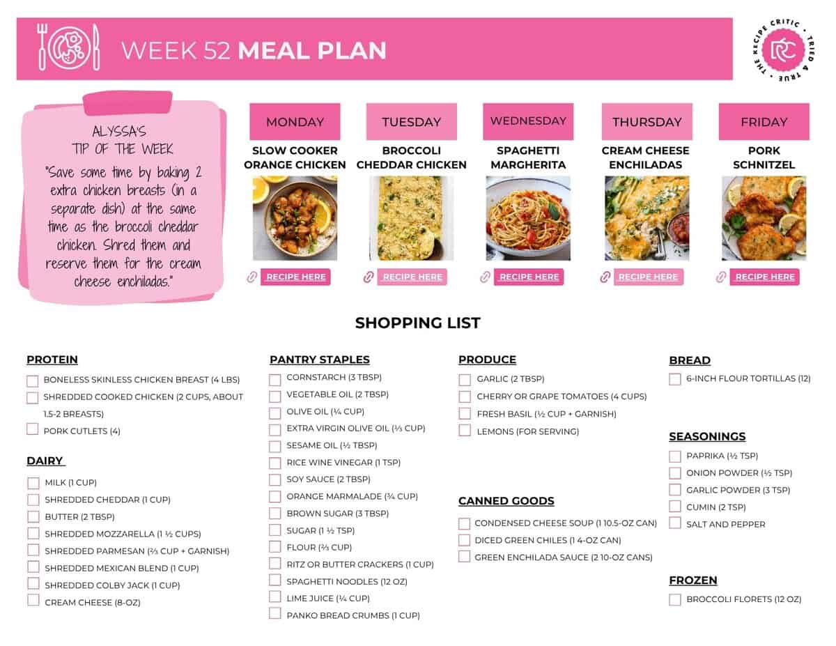 This weekโs meal plan is all about keeping things simpleย andย delicious! Iโve rounded up a fresh batch of easy-to-make dinners thatโll make your weeknight cooking a breeze. These are the kind of meals your whole crew will devourโyes, even the picky ones!