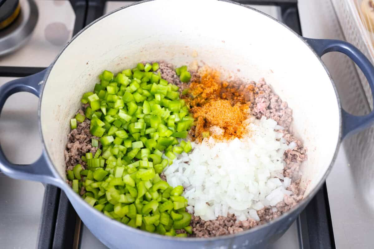 Why is it called โdirtyโ rice? The rice gets brown as it cooks with meat, Cajun spices, and the holy trinity of Cajun cooking: onion, bell pepper, and celery. My version combines ground pork and beef for a flavorful twist on this Louisiana classic! Veggies and spices added to the ground beef and pork.