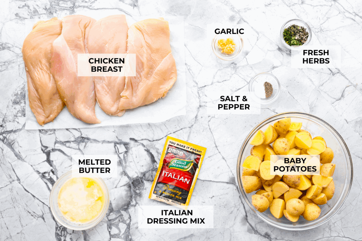 Baked buttery herb chicken with potatoes is pure comfort on a plate! I love tossing everything together in one pan and letting it cook! It saves time and lets all those delicious flavors meld for the juiciest, flavorful chicken and soft, savory potatoes. Overhead shot of labeled ingredients.
