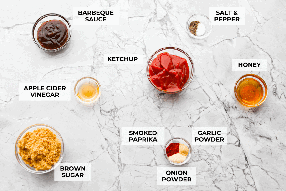 Here in Utah, J. Dawgs is basically a religion! Their hot dogs are THAT good. The sweet, tangy, smoky sauce? Life-changing! Make this copycat J Dawgs sauce at home and youโll never look at ketchup the same way again. Overhead shot of labeled ingredients.