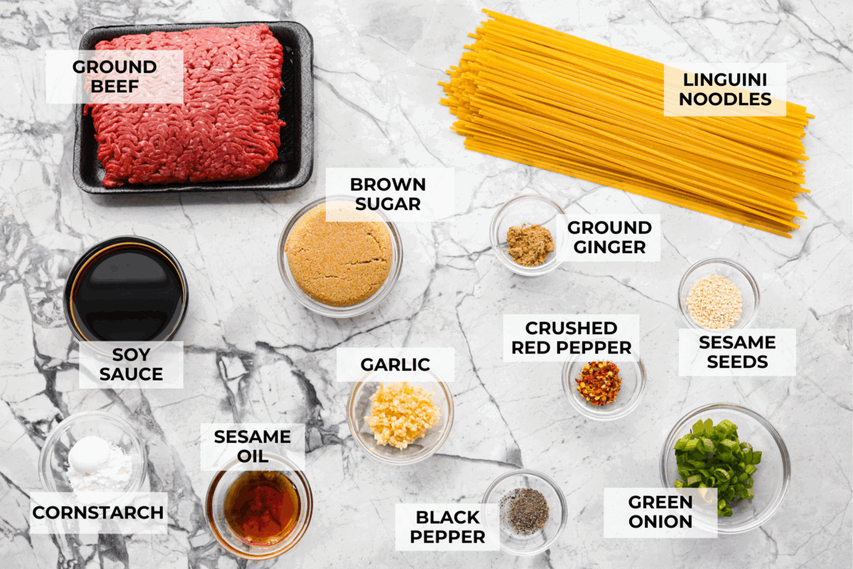 You guys are obsessed with my Korean Ground Beef rice bowls, so I decided I needed a noodle version. Tender beef, savory goodness, and those irresistible Korean flavors all wrapped up in one slurp-worthy Korean Beef Noodle dish. Overhead shot of labeled ingredients.