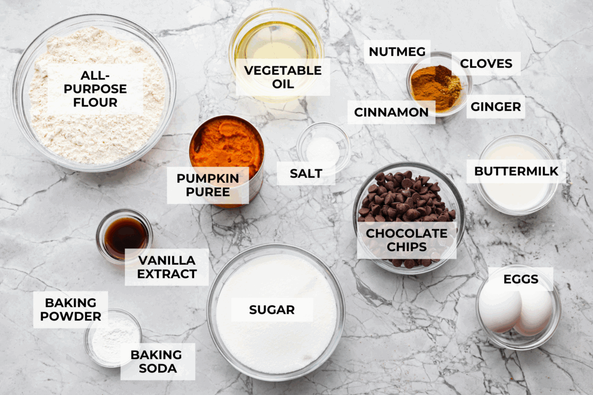 Iโm never one to wait for fall to make my pumpkin chocolate chip bread. I just canโt resist that sweet, chewy bread loaded with rich chocolate chips. Who says you have to wait for pumpkin season? Not me! Overhead shot of labeled ingredients.