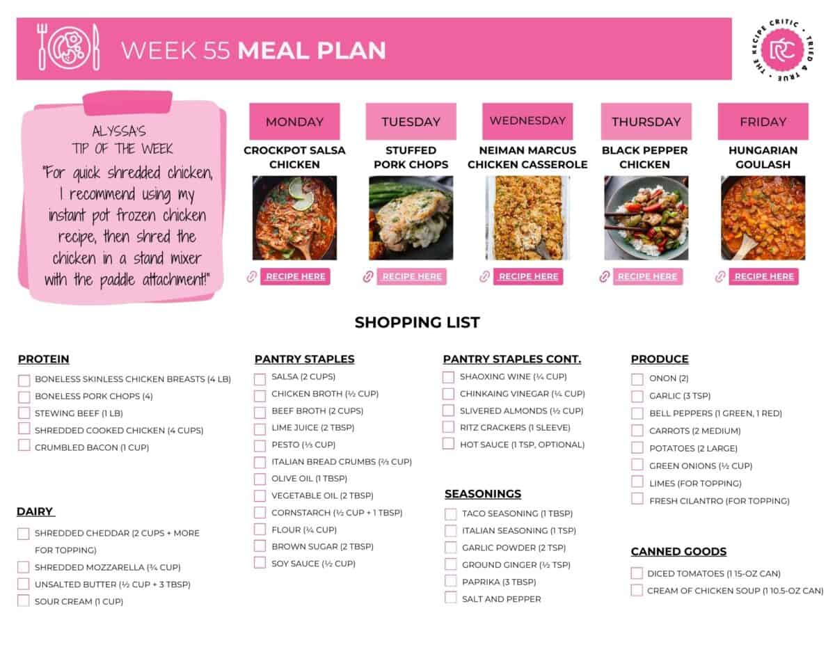 This weekly meal plan has the zesty kick of Crockpot Salsa Chicken to the rich, cozy comfort of Hungarian Goulash. Itโs a week full of dinners worth looking forward to! You can explore all of my weekly menu plans right here. Image of the shopping list for the weekly meal plan.