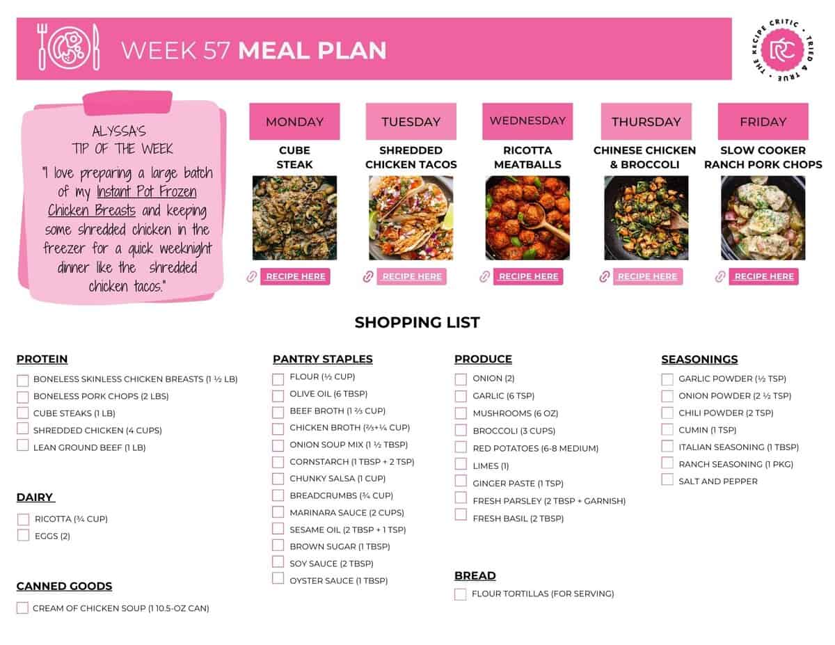 This weekly meal plan is full of hearty family favorites. They're easy, cozy dinners everyone will love and leftovers youโll actually look forward to. Picture of the free printable shopping lis for the weekly meal plan.
