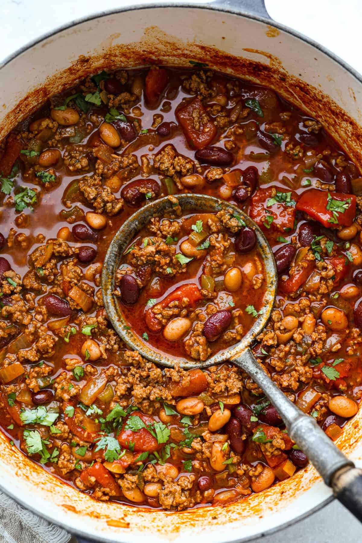 I'm telling you right now, this is the BEST chili you will ever have. The reviews don't lie! It's hearty, flavorful, and oh-so-comforting. It's packed with ground beef, beans, tomatoes, and bold spices. Get creative with your toppings and dig in! Overhead shot of a pot of chili with a ladle.