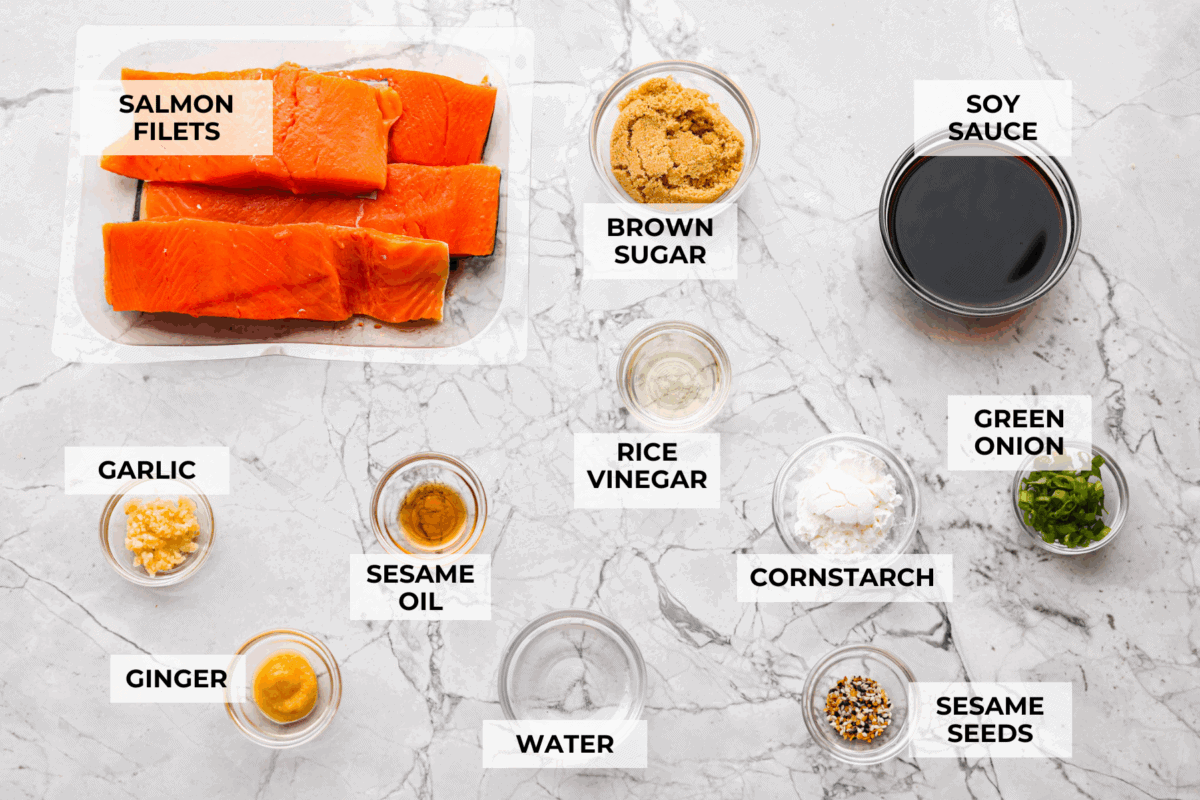 Air fryer teriyaki salmon is the best fast and tasty meal! The salmon cooks up perfectly tender with crisp edges, then gets coated in a glossy, sweet-and-savory teriyaki glaze that I know you'll love! Overhead shot of labeled air fryer teriyaki salmon ingredients.