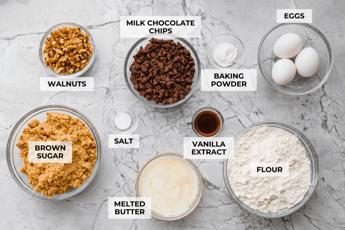 If you’ve never tried a congo bar, they’re basically chocolate chip cookie bars with a little added flair. They’re usually made with chopped nuts or coconut for some extra texture, and let me tell you… They are what dreams are made of. Overhead shot of labeled congo bars ingredients.