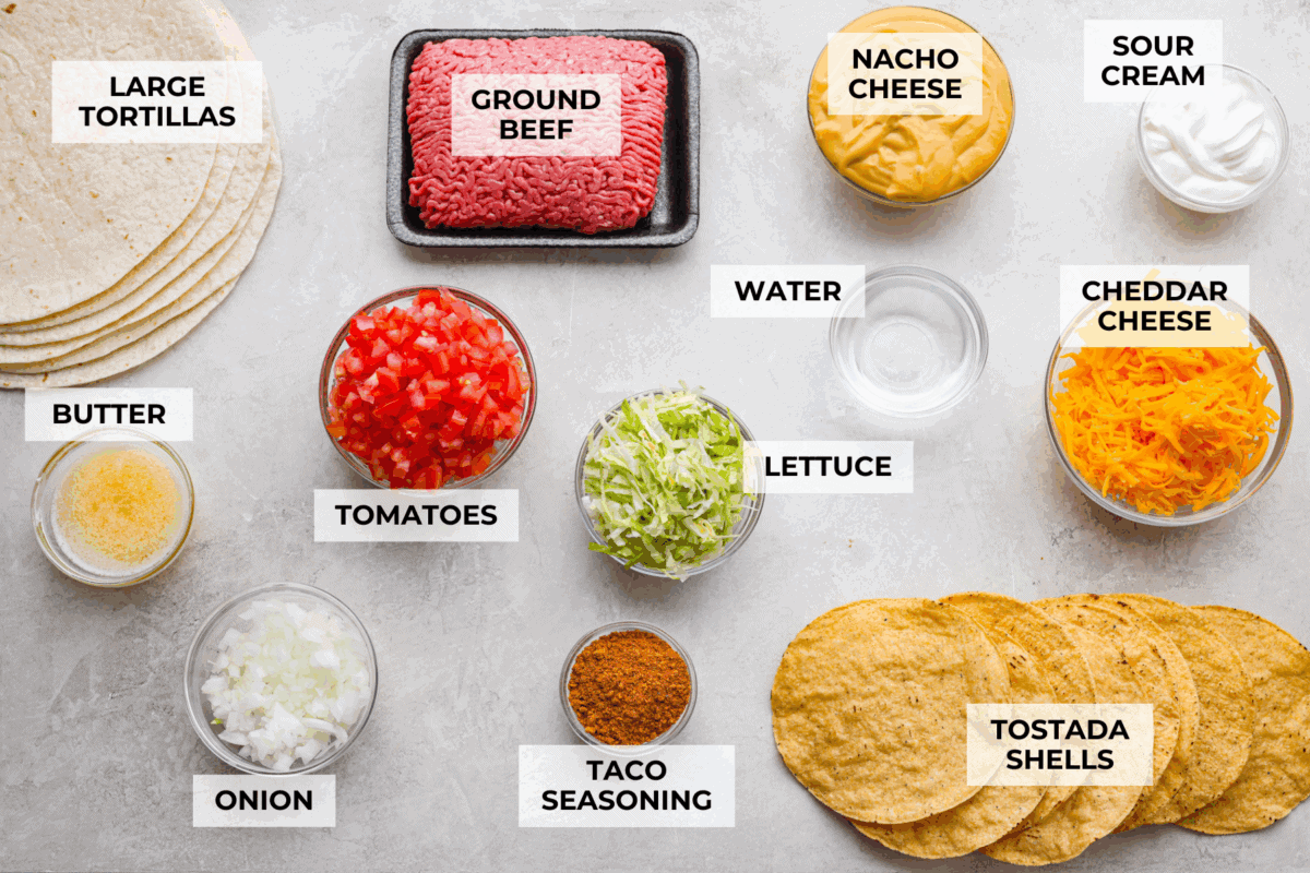 This TikTok-viral Crunchwrap Casserole takes Taco Bell’s iconic Crunchwrap Supreme and flips it into a cheesy, crunchy copycat casserole. It takes everything you love about the Crunchwrap and layers it into one big, family-sized dish! Overhead shot of labeled crunchwrap casserole ingredients.