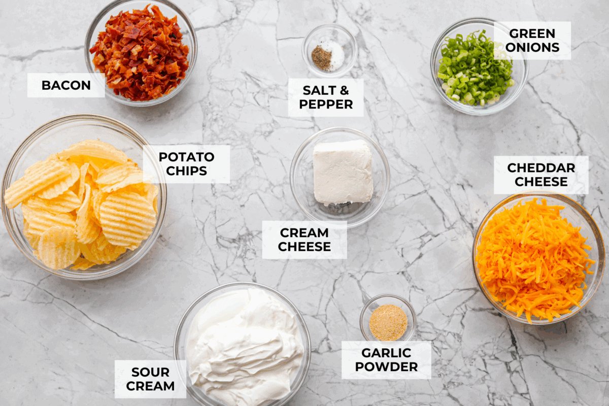You need to stop what youโre doing and make this loaded baked potato dip right now! Itโs creamy, cheesy, bacony perfection! Itโs to die for. It's perfect for game day, parties, or to snack on while you catch up on your favorite show. Overhead shot of labeled ingredients.