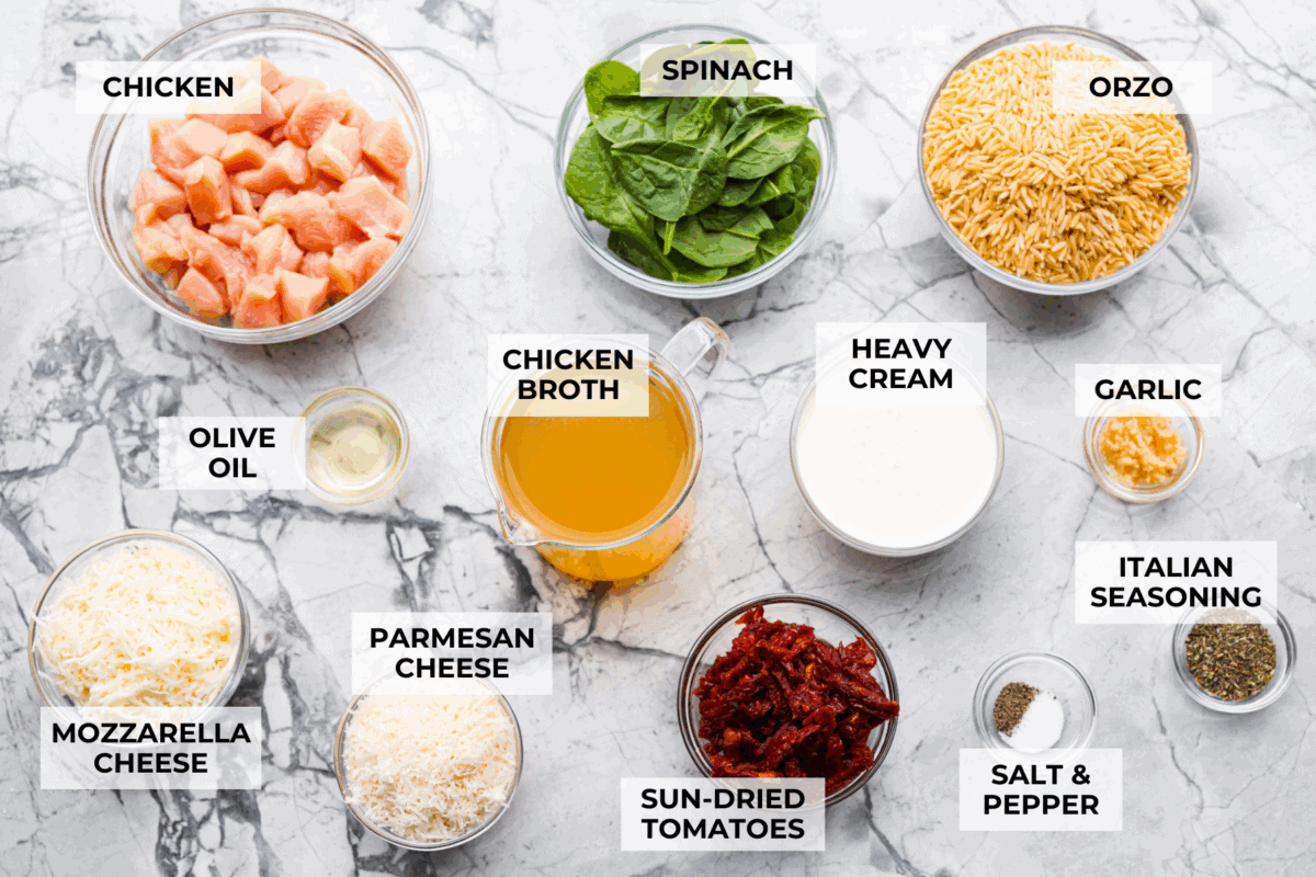 This creamy Tuscan chicken orzo bake is the kind of dinner youโll want on repeat! Tender chicken, orzo, and sun-dried tomatoes bake together in one pan for an easy, comforting weeknight meal. Overhead shot of labeled tuscan chicken orzo bake ingredients.