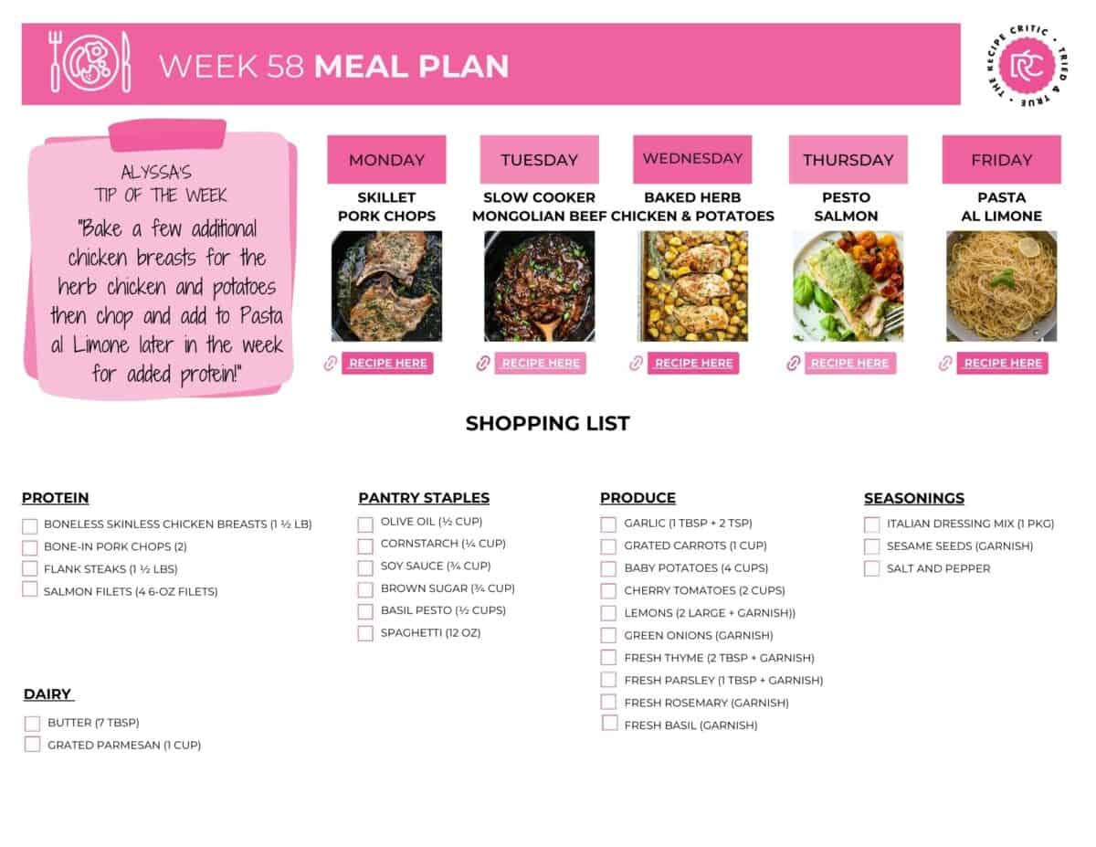 This weekโs meal plan is all about mixing things up so dinner never feels boring. Youโll get a balance of cozy comfort, bold flavors, and lighter fresh picks. All are delicious, quick, and easy enough for busy weeknights. Image of the weeks meal plan's shopping list.