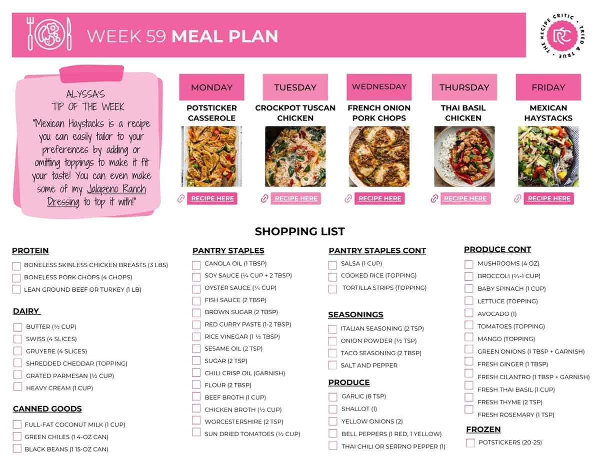 Want to save your sanity and actually win at dinner? This weekly meal plan is the secret. Once I started meal planning, the stress lifted, and I finally felt on top of things. The best part? The meals are easy,ย andย the whole family will love them. Picture of the shopping list for this weekly meal plan.