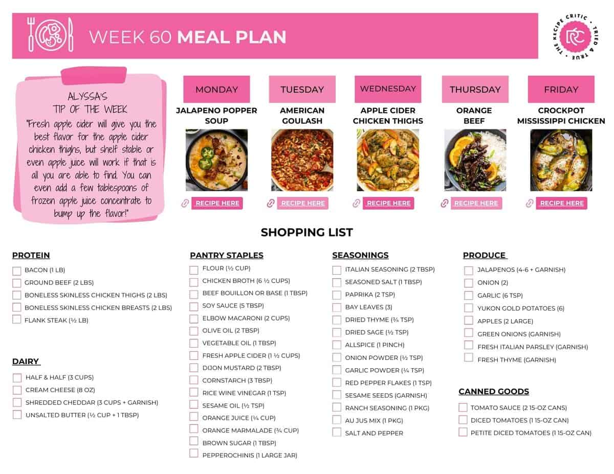 This weekโs meal plan is all aboutย big flavors and easy prepย to keep dinnertime stress-free! If you are interested in checking out my other weekly meal plans, click here. Image of the the weeks meal plans free printable shopping list.