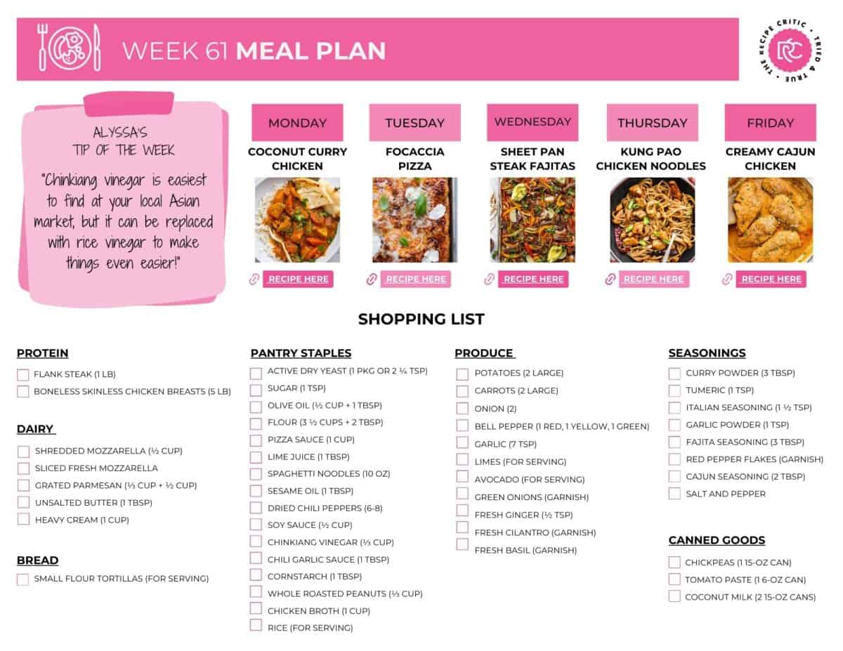 Can you believe weโre already at week 61 of our meal plans? Thatโs a whole lot of delicious dinners weโve shared together! The best part about following these weekly meal plans is how much easier life feels. Youโll stay organized, save money, and keep weeknight stress to a minimum. Image of the free printable shopping list.