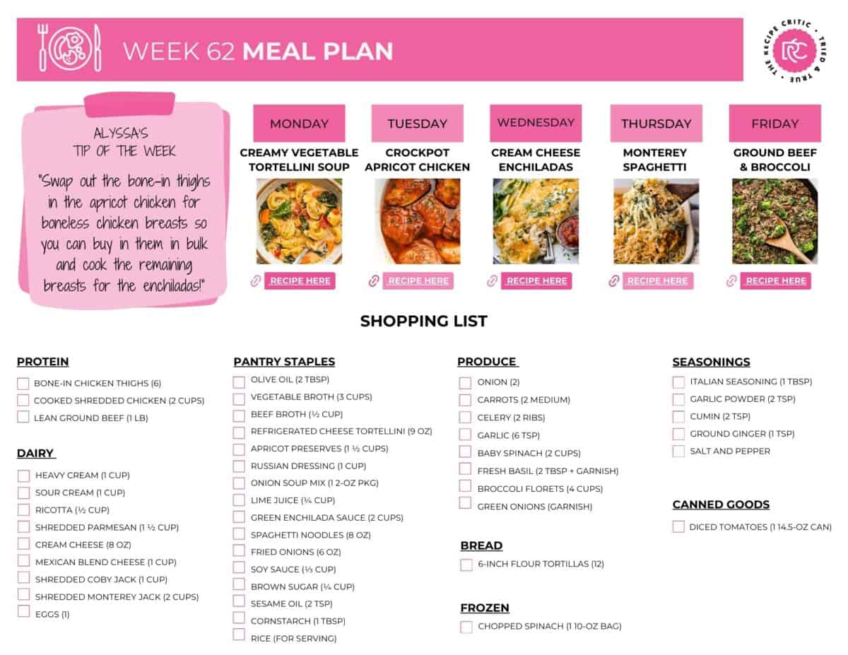 Get ready to make weeknights easier with this free Weekly Meal Plan! Youโll find 5 family-friendly dinners plus a free printable grocery list to keep you organized. With tried-and-true recipes that are simple to make and always delicious, this plan is your shortcut to stress-free dinners all week long. Free printable shopping list for this weekly meal plan.