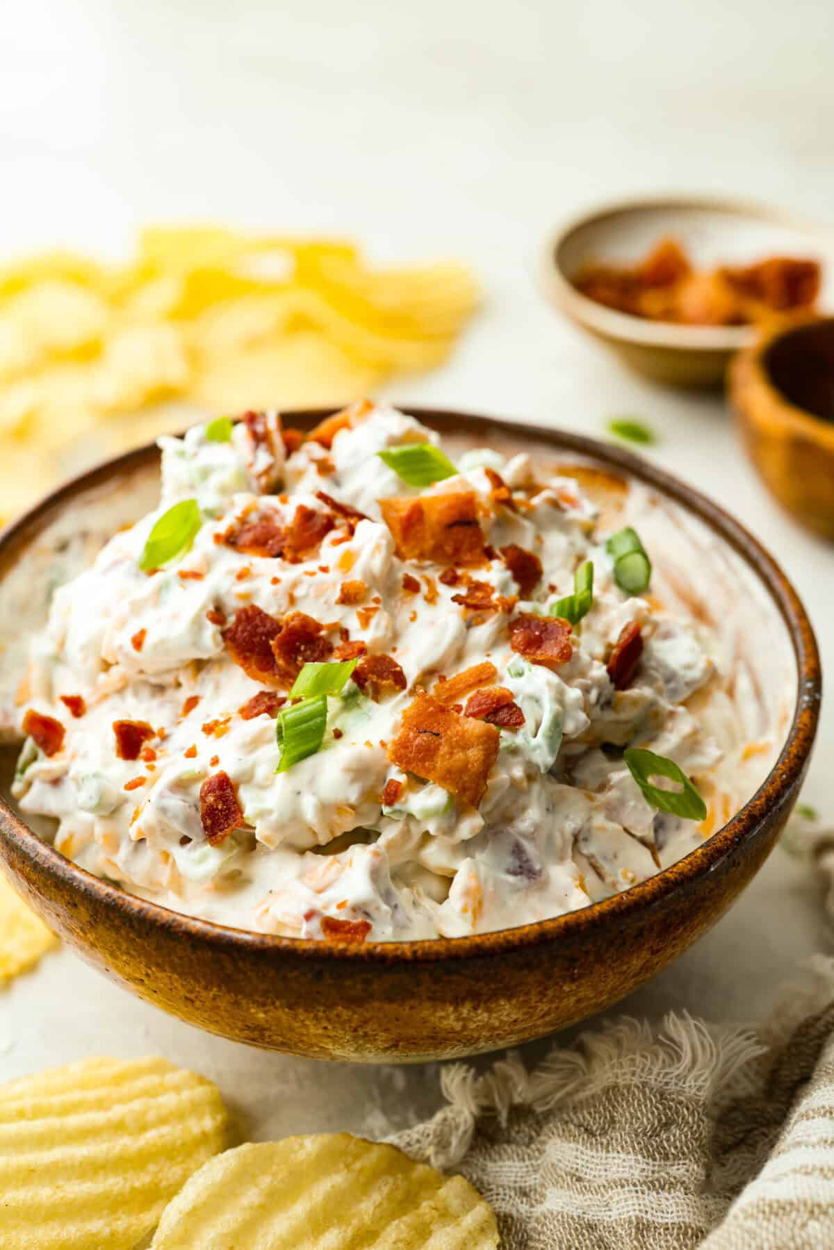 You need to stop what youโre doing and make this loaded baked potato dip right now! Itโs creamy, cheesy, bacony perfection! Literally to die for! It's perfect for game day, parties, or to snack on while you catch up on your favorite show. Bowl of loaded baked potato dip.