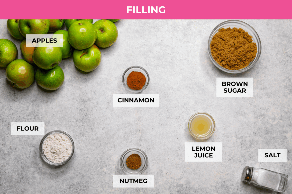 This brown bag apple pie is simple, foolproof, and downright delicious! The secret? It bakes right inside a paper bag, keeping the crust golden, the filling perfectly tender, and your oven mess-free. Overhead shot of labeled brown bag apple pie filling ingredients.