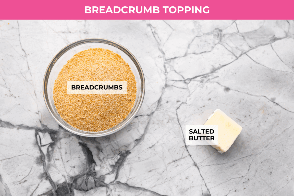 Every time I make garlic bread, my family eats every last piece! This garlic bread pasta has all the same buttery, garlicky flavor you love, just in pasta form. It’s creamy, comforting, and easy to make! And there is plenty to go around! Overhead shot of labeled breadcrumb topping ingredients.
