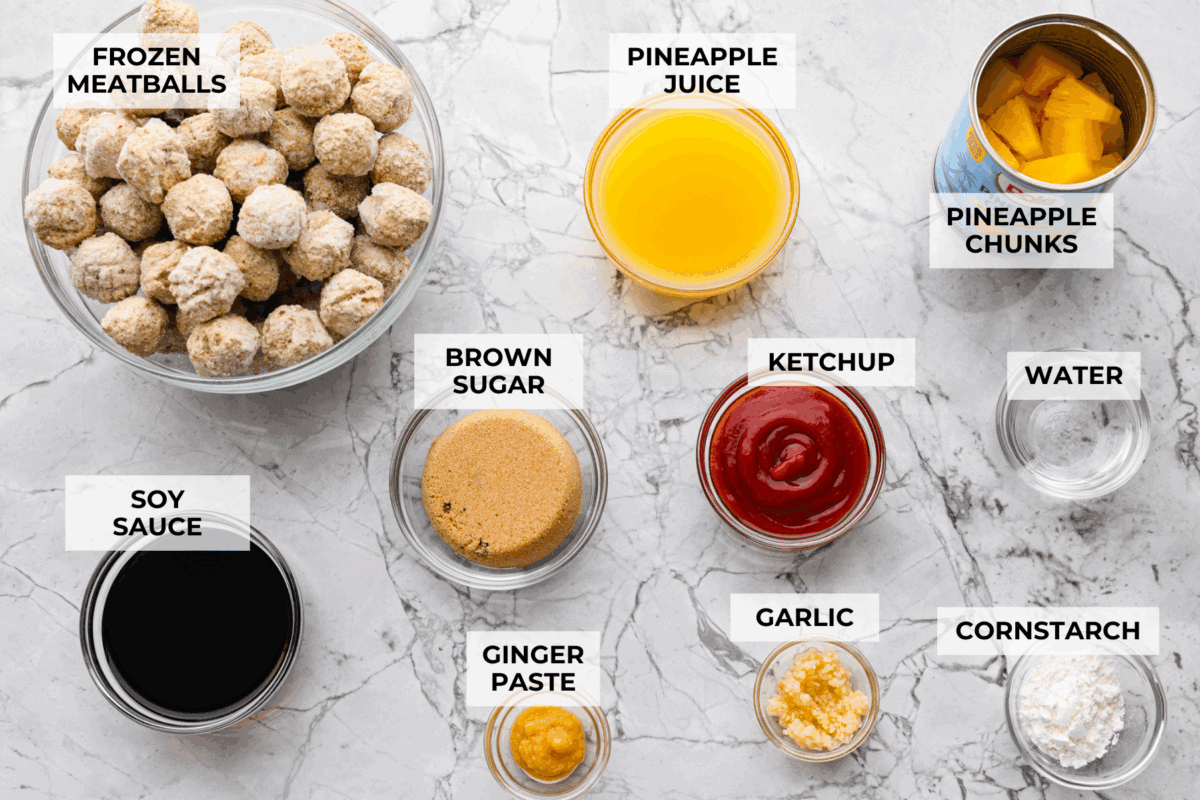 Bring the taste of the tropics to your table with Crockpot Huli Huli Meatballs! Juicy meatballs simmer in a sweet and tangy pineapple-ginger sauce, bursting with island flavor. Overhead shot of labeled crock pot huli huli meatballs ingredients.
