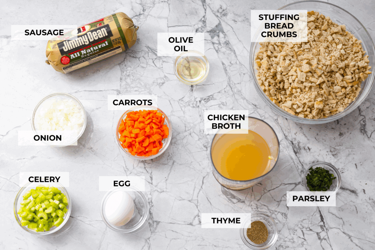 I'm telling you guys right now, sausage stuffing balls are the best part of my holiday table. They're crispy on the outside, soft and savory on the inside, and loaded with classic stuffing flavor. Easy to make, fun to share, and they disappear fast. Overhead shot of labeled stuffing balls ingredients.