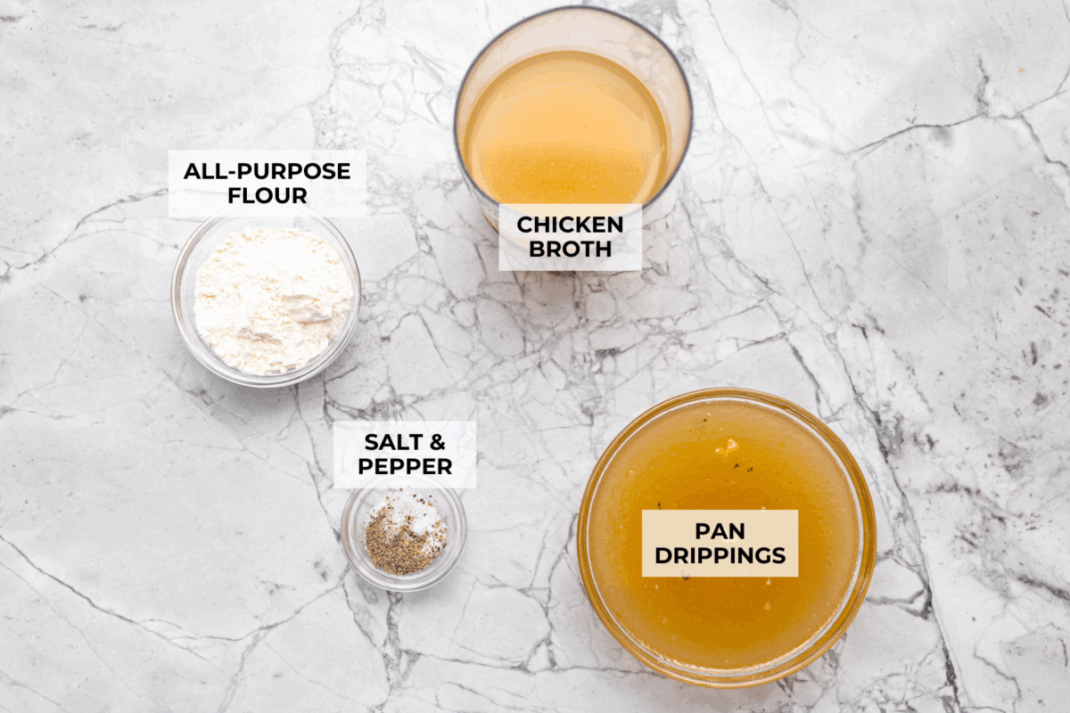 Rich, creamy, and ready in minutes, this turkey gravy is pure holiday comfort. Once you pour it over your turkey and mashed potatoes, you’ll never skip making it from scratch again. Overhead shot of labeled ingredients.