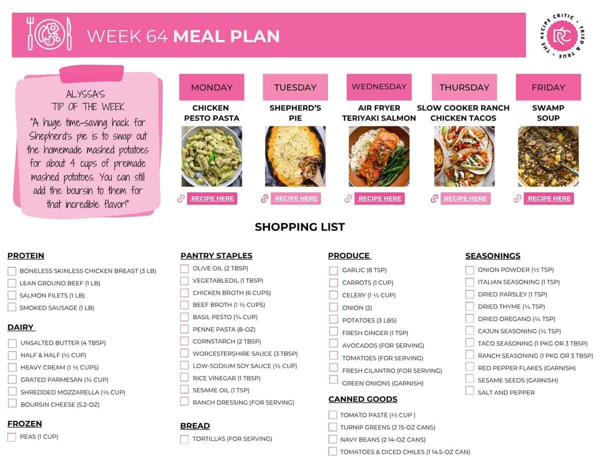 If dinner made itself, weโd all be living the dream. Until that miracle happens, this weekly meal plan has your back with quick, delicious recipes and the kind of leftovers that make you feel like youโve got life figured out. Image of the free shopping list for the weekly meal plan.