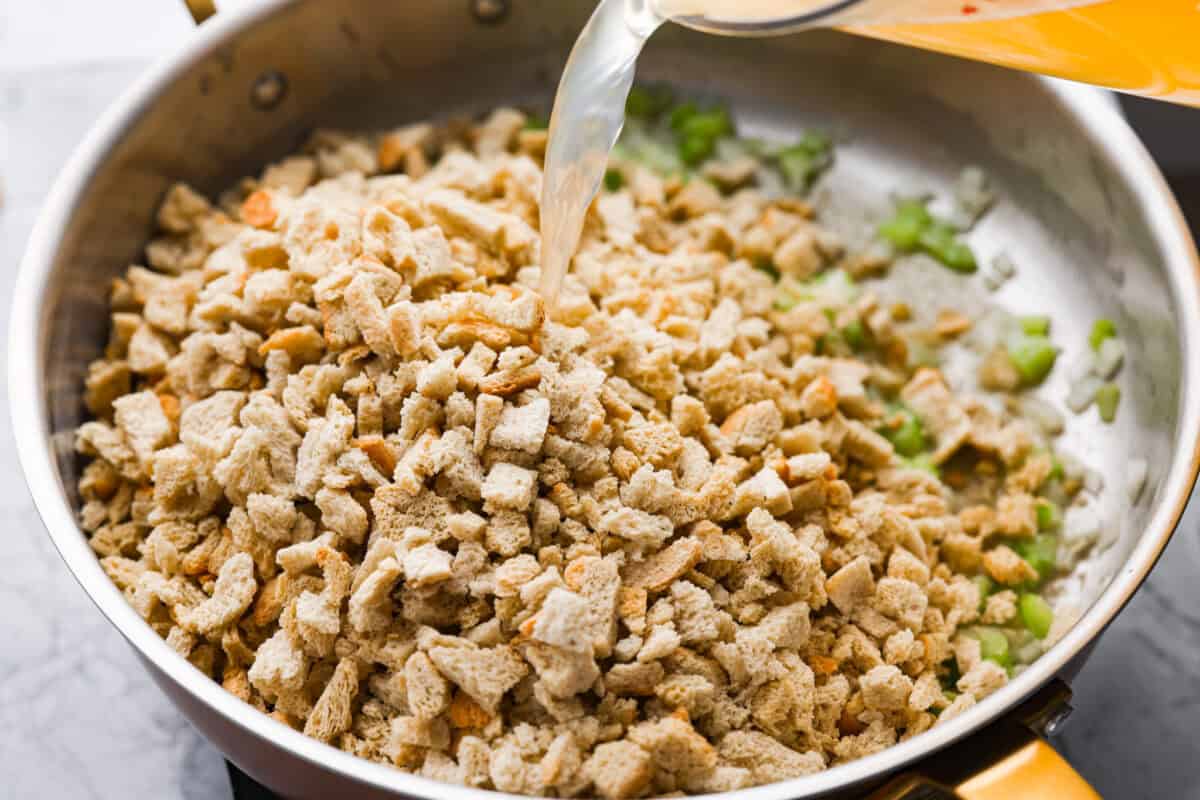 This 5-ingredient stuffing has the same buttery, herby taste as the traditional recipe. All the flavor of classic Thanksgiving stuffing on a budget! You don’t need a long ingredient list to get big holiday flavor. Bread crumbs added to the cooked veggies.