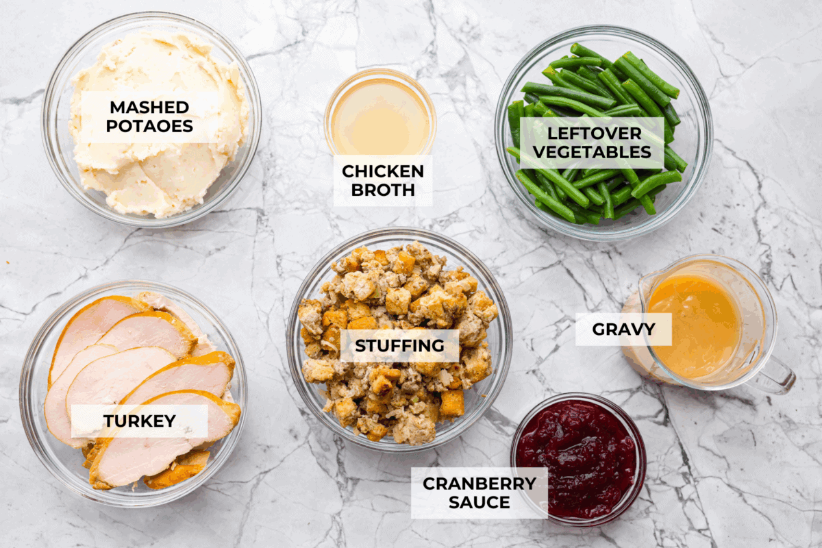 This Thanksgiving leftover casserole is the best way to enjoy every last bit of your holiday meal. I give you tips for keeping it moist, flavorful, and perfectly layered. Overhead shot of labeled ingredients.