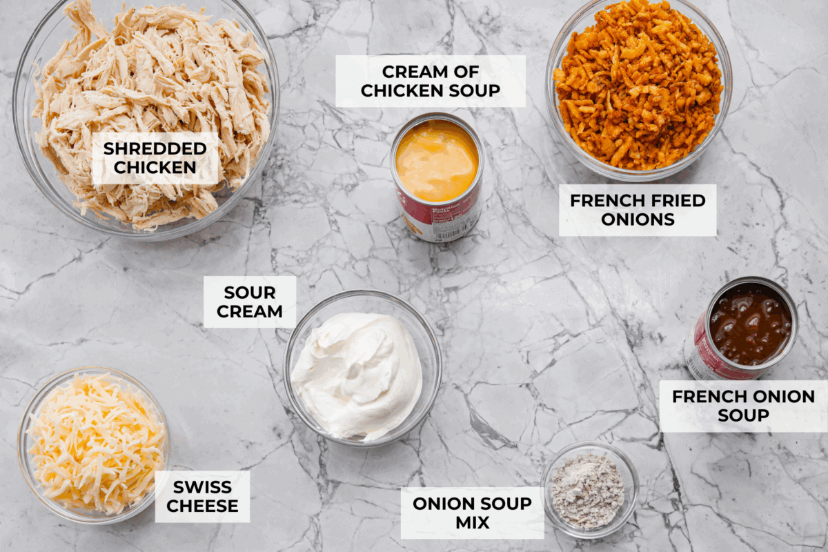 Creamy, cheesy, and packed with shredded chicken, this French onion chicken casserole is comfort food at its best! Inspired by French onion soup and dip, it’s topped with crispy fried onions for a crunchy finish. Overhead shot of labeled ingredients.