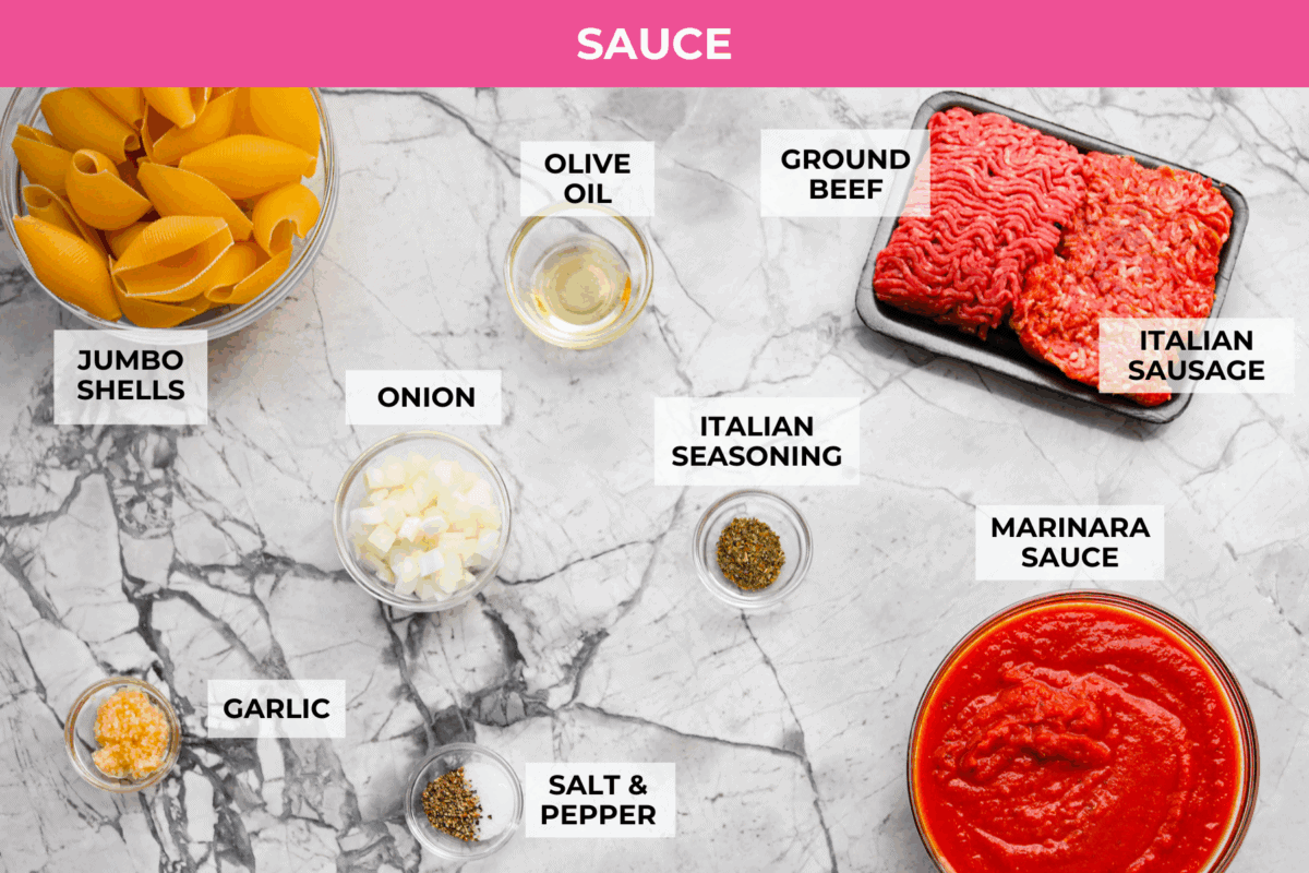 Million dollar stuffed shells take all the creamy, cheesy goodness of the classic and wrap it into fun jumbo shells. Itโs cozy, everyone loves it, and it's easyย to make! Overhead shot of labeled sauce ingredients.