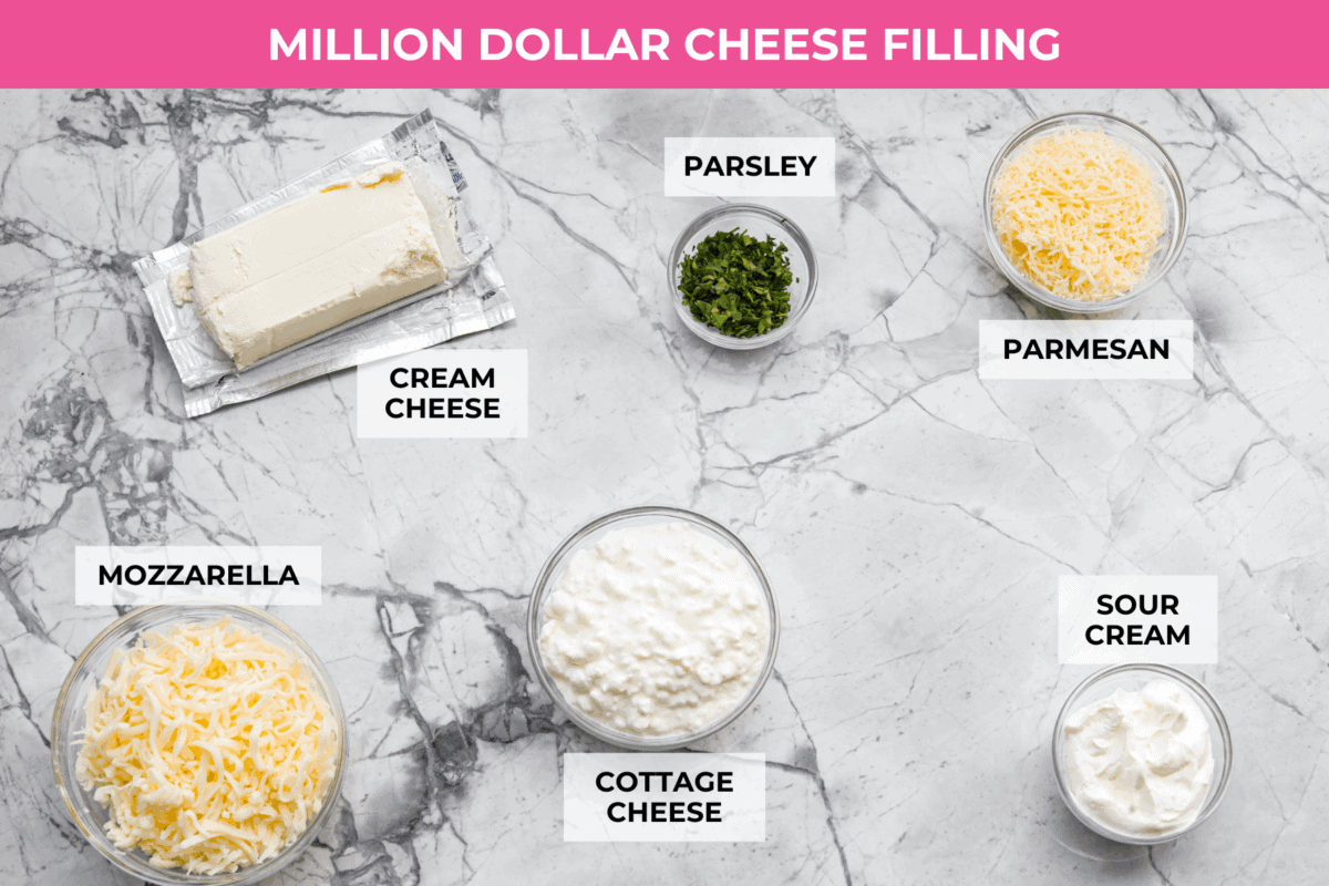 Million dollar stuffed shells take all the creamy, cheesy goodness of the classic and wrap it into fun jumbo shells. Itโs cozy, everyone loves it, and it's easyย to make! Overhead shot of labeled million dollar cheese filling ingredients.