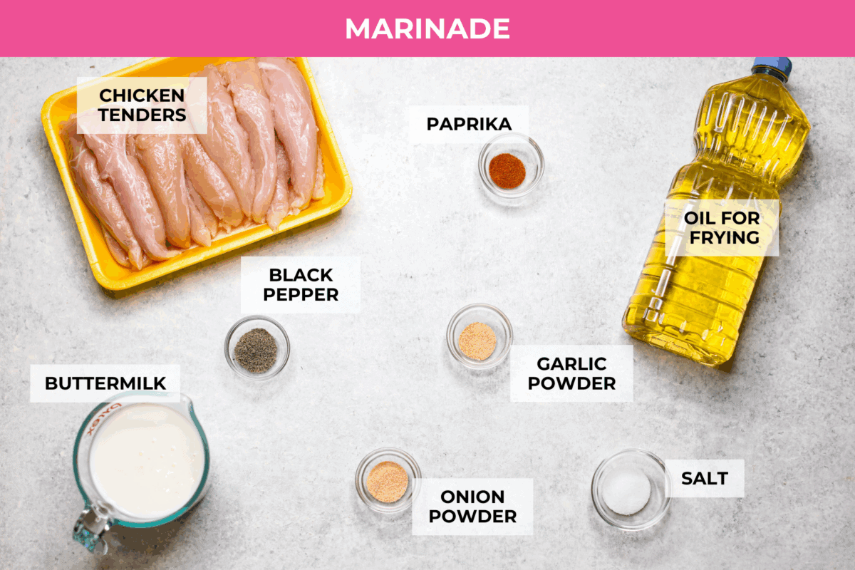 Make this copycat Raising Cane’s chicken tenders at home, no drive-thru required. An easy marinade, simple ingredients, and a quick fry give you crisp, light chicken and that unmistakable Cane’s sauce for a fraction of the cost. Overhead shot of labeled raising canes chicken marinade ingredients.