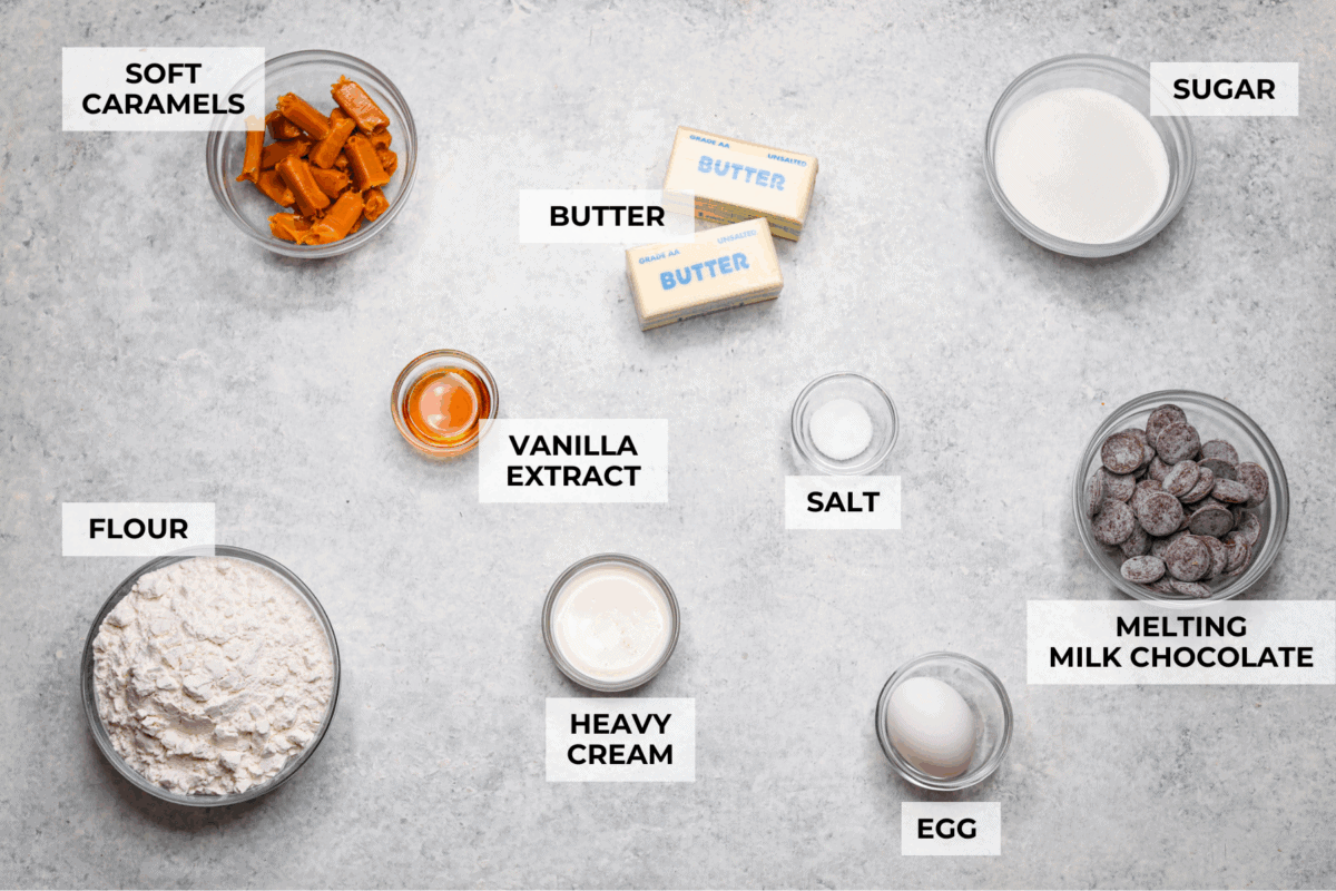 Meet the upgraded Twix thumbprint cookies! I reโtested and updated the recipe so you'll get defined wells, clean edges, and a tender center every time! They are perfect for gift giving and cookie parties! Overhead shot of labeled Twix thumbprint cookie ingredients.