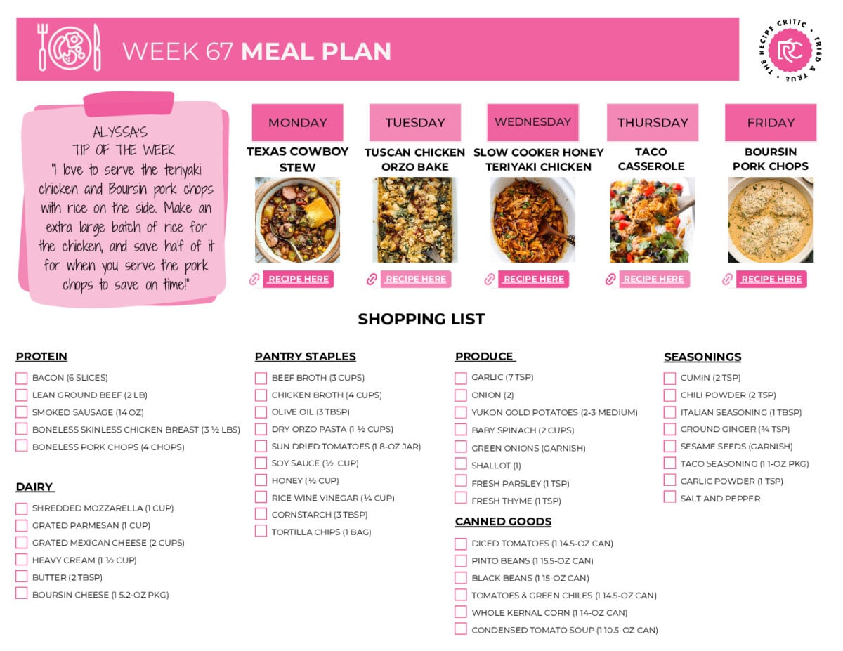 I love a weekly meal plan with easy meals. This one has one of my kids' all-time favorites, theย Taco Casserole! These recipes are so delicious, you will love them! Image of the printable shopping list for this weekly meal plan.