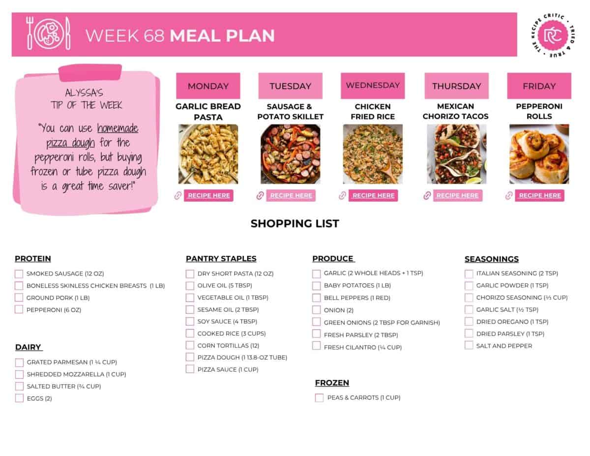This Weekly Meal Plan is so good! Not only does it include a free shopping list, but it has easy dinners that are packed with flavor, are budget-friendly, and your whole family will gobble them up! Image of the free shopping list for this weekly meal plan.
