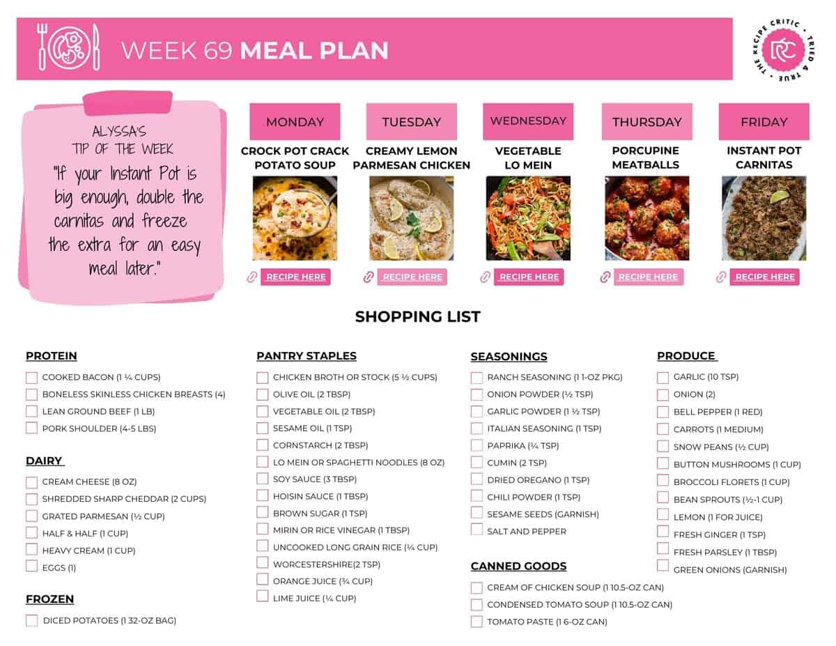 This weekโs meal plan is all about cozy comfort. You'll get warm, filling dishes that make the whole house feel calmer at dinnertime. If you want to check out the rest of my weekly meal plans, youโll find them here. Image of the printable shopping list for this weekly meal plan.