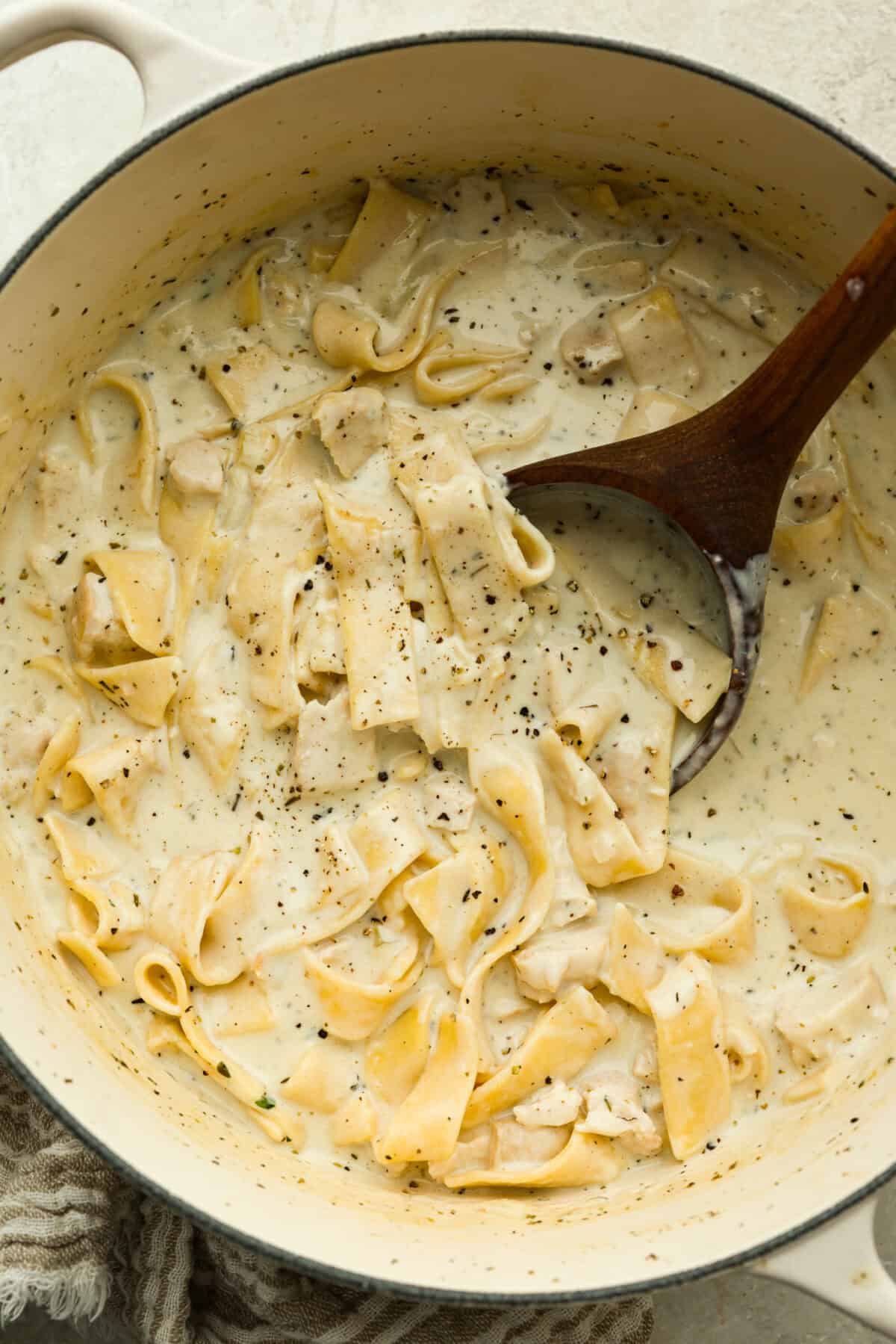 Warm up fast with this creamy, cheesy chicken Alfredo soup! Tender chicken, rich broth, and pasta all come together in just 30 minutes for the ultimate comfort bowl. Pot of chicken Alfredo soup.