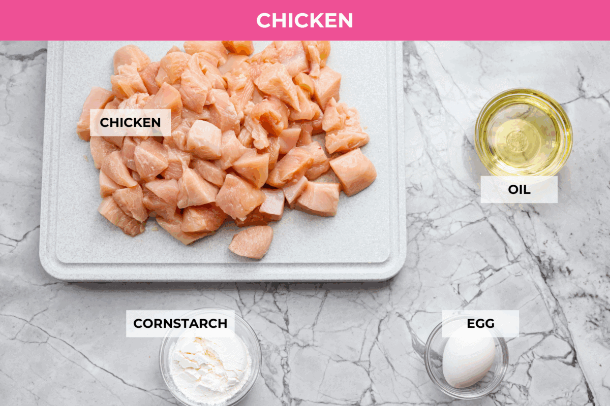 You love my baked General Tso’s chicken, so obviously, I had to make a faster one. This one pan General Tso's chicken is sticky, saucy, and on the table in about 30 minutes. Overhead shot of labeled general Tso's chicken ingredients.