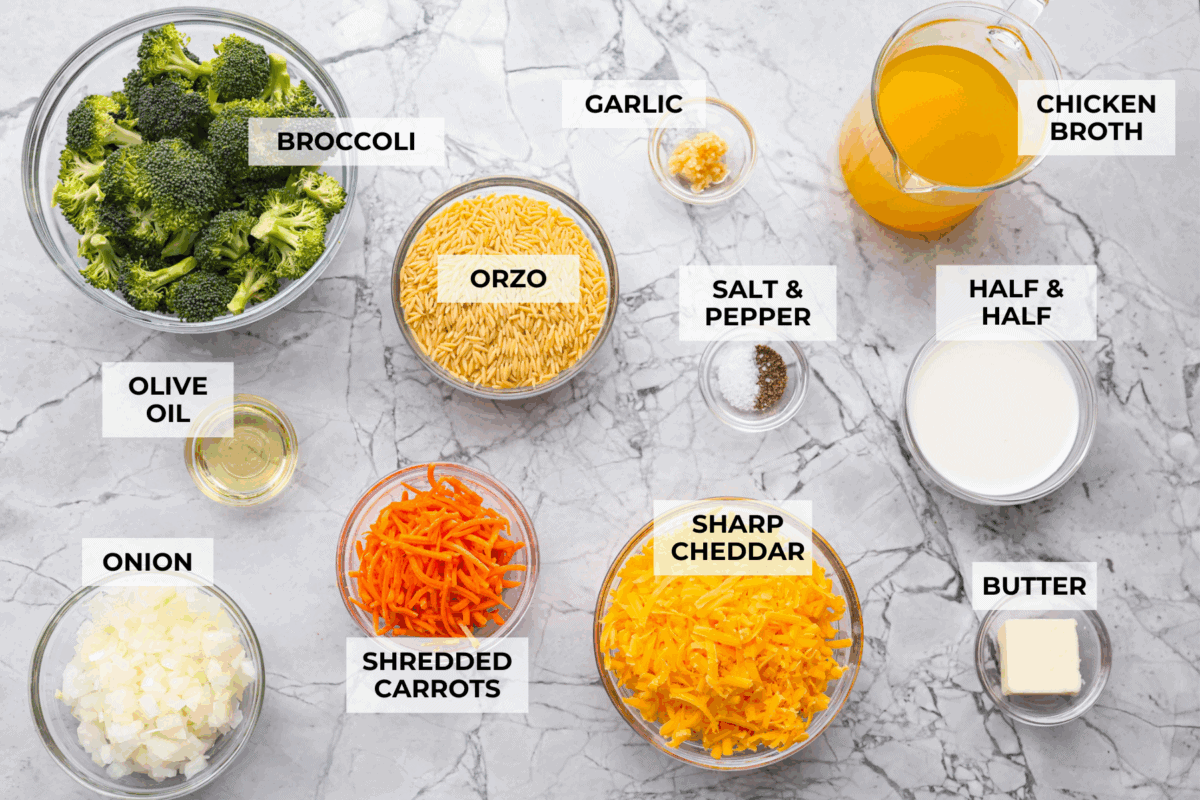 You guys are obsessed with my Broccoli Cheddar soup, and I know you love a good orzo recipe. So this simple, one-pot, ready-in-30-minute Broccoli Cheddar Orzo was born! Overhead shot of labeled broccoli cheddar orzo ingredients.