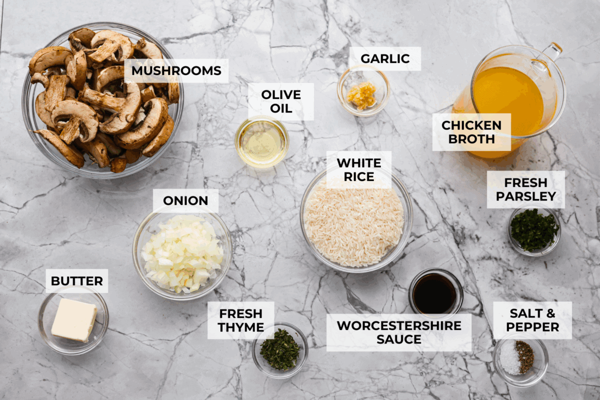 This mushroom rice is way better than a simple side. The secret is a splash of Worcestershire. It enhances the mushrooms and gives the rice this rich, almost buttery flavor. Try it, and you will see exactly what I mean. Overhead shot of labeled ingredients.