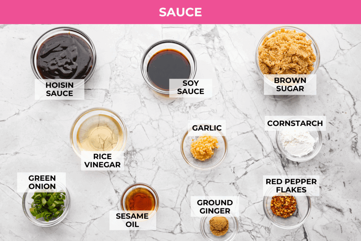 You love my baked General Tso’s chicken, so obviously, I had to make a faster one. This one pan General Tso's chicken is sticky, saucy, and on the table in about 30 minutes. Overhead shot of labeled sauce ingredients.