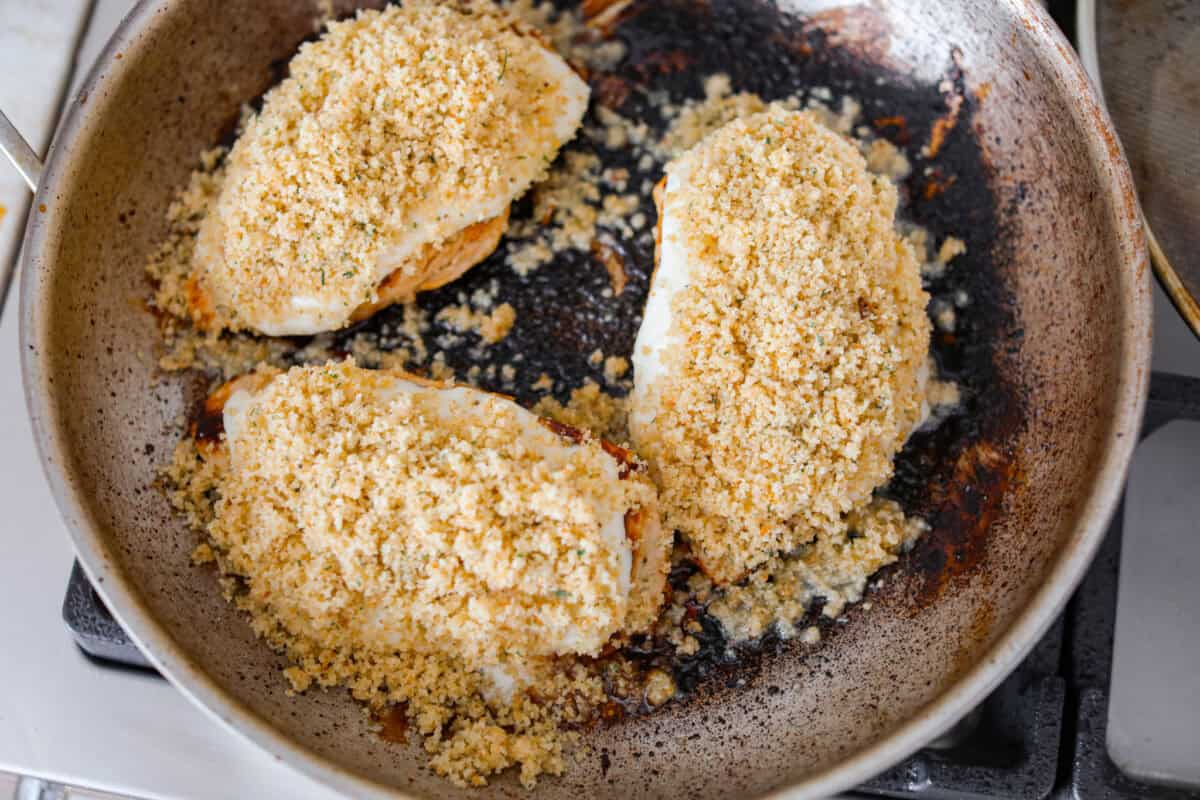 My copycat Longhorn parmesan crusted chicken brings all the cheesy, buttery goodness from the restaurant straight to your kitchen. Juicy ranch chicken is topped with a creamy cheese sauce and a golden crumb crust. Breadcrumb topping added to the cheesy ranch sauce topped chicken.