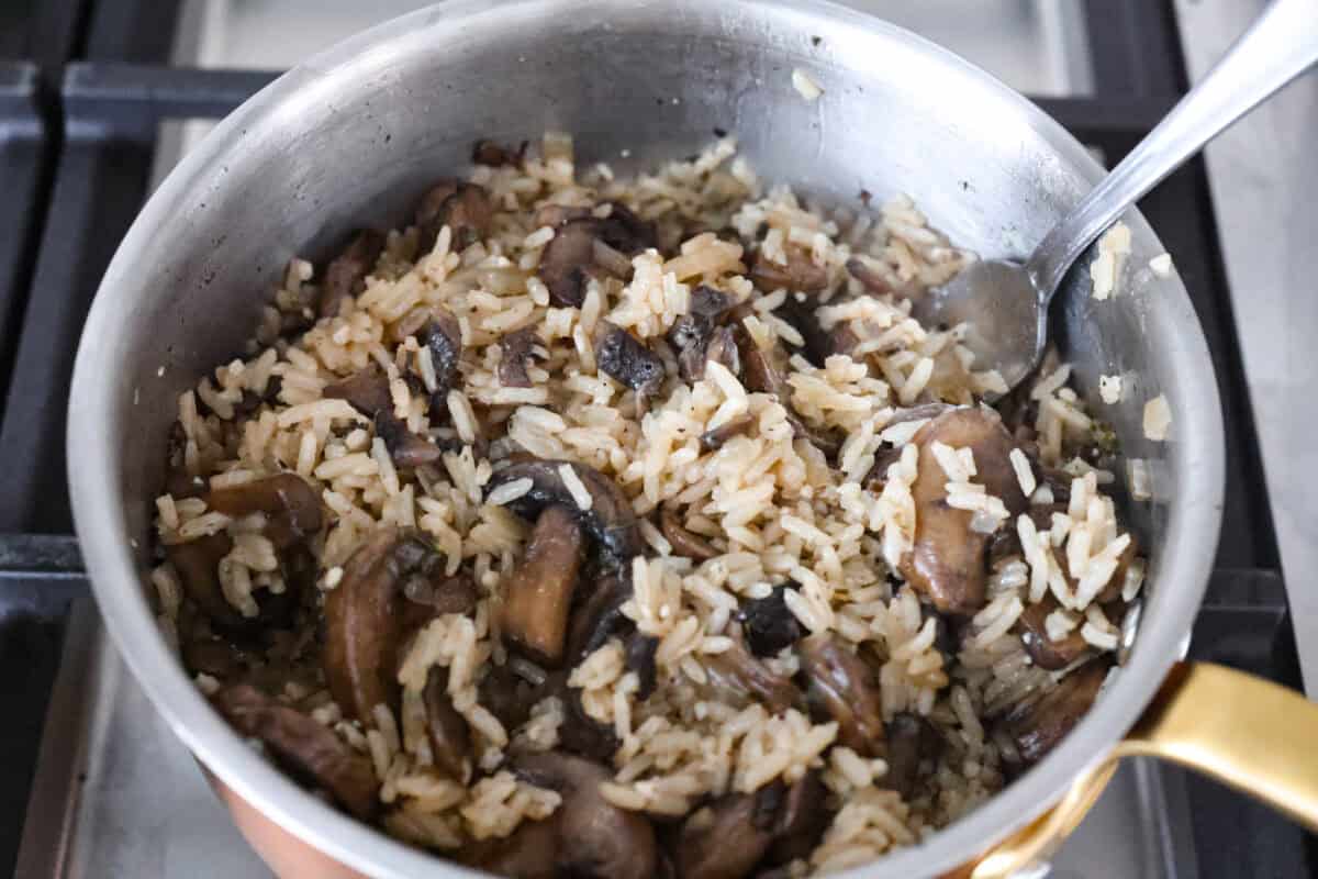 This mushroom rice is way better than a simple side. The secret is a splash of Worcestershire. It enhances the mushrooms and gives the rice this rich, almost buttery flavor. Try it, and you will see exactly what I mean. Everything cooked and ready to serve.