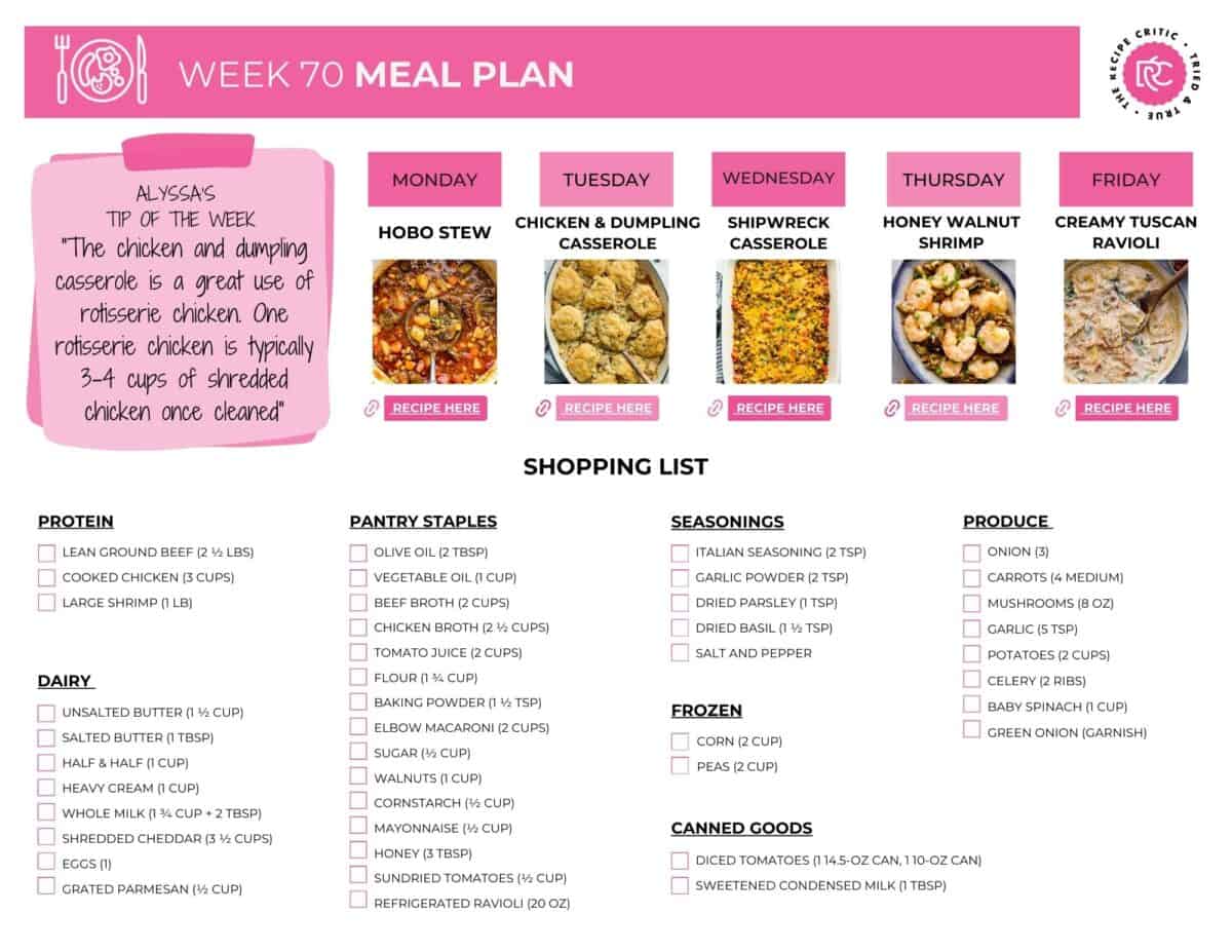 For this weekly meal plan, I wanted to focus on cozy, comforting dishes. Stews, biscuits, casseroles, they are all warm, delicious, and I'm confident your whole family will love them! An image of the weekly meal plan printable shopping list.