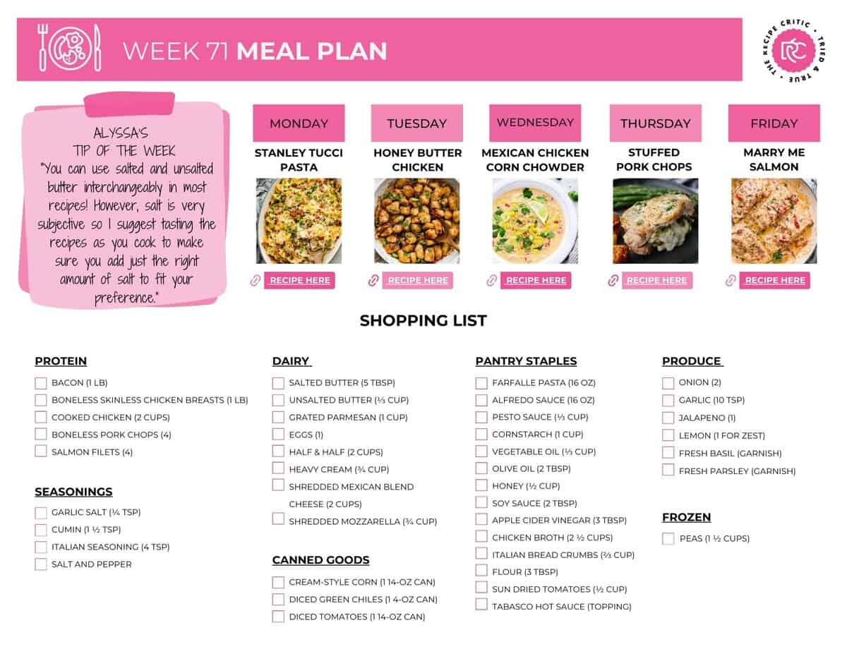 Lifeโs easier when dinner is already decided. This weekโs meal plan keeps it simple, comforting, and delicious. I swear by meal planning, and it might become your secret weapon too. Image of the free printable shopping list for this weeks meal plan.