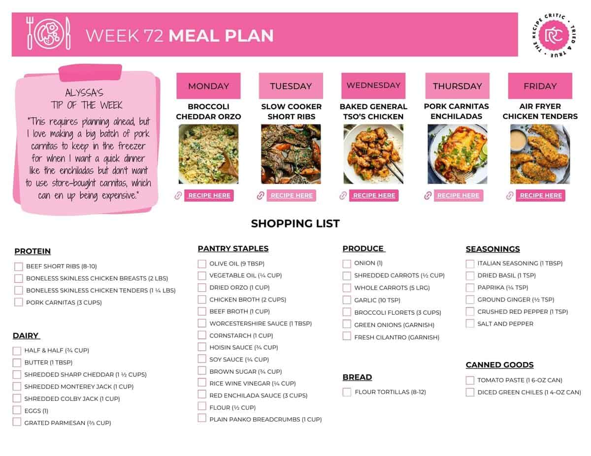 Dinner doesnโt have to feel like another thing youโre failing at. This weekly meal plan is all about hearty, comforting meals that make your evenings calmer and nights easier. Think cozy, filling dinners the whole family will love! Printable shopping list for the weekly meal plan.