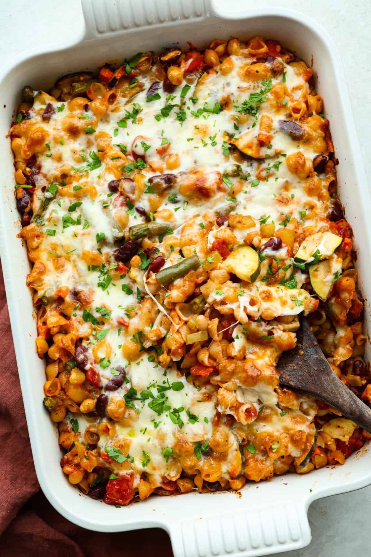Overhead shot of baked minestrone casserole. 