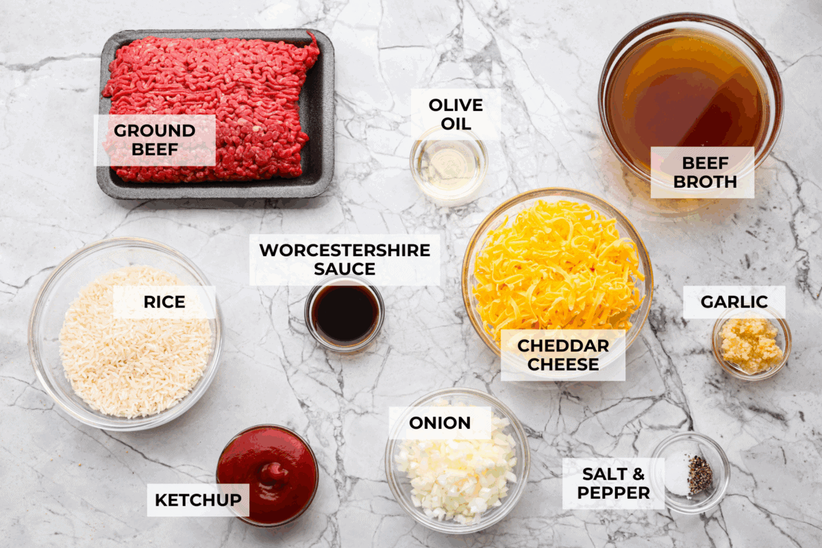 Cheeseburger rice is everything you love about a juicy cheeseburger, made easy in one skillet. Hearty, cheesy, and packed with flavor, itโs the ultimate weeknight comfort meal. Overhead shot of labeled ingredients.