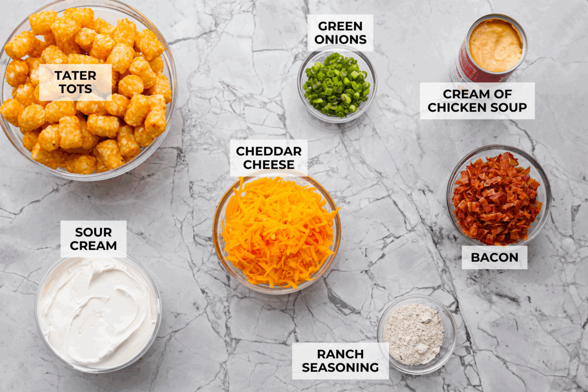 Crack tater tot casserole is bold, cozy, and a little bit addictive, in the best way! Creamy, cheesy, and topped with crispy tots, it’s the kind of dinner everyone gets excited about. Overhead shot of labeled ingredients.