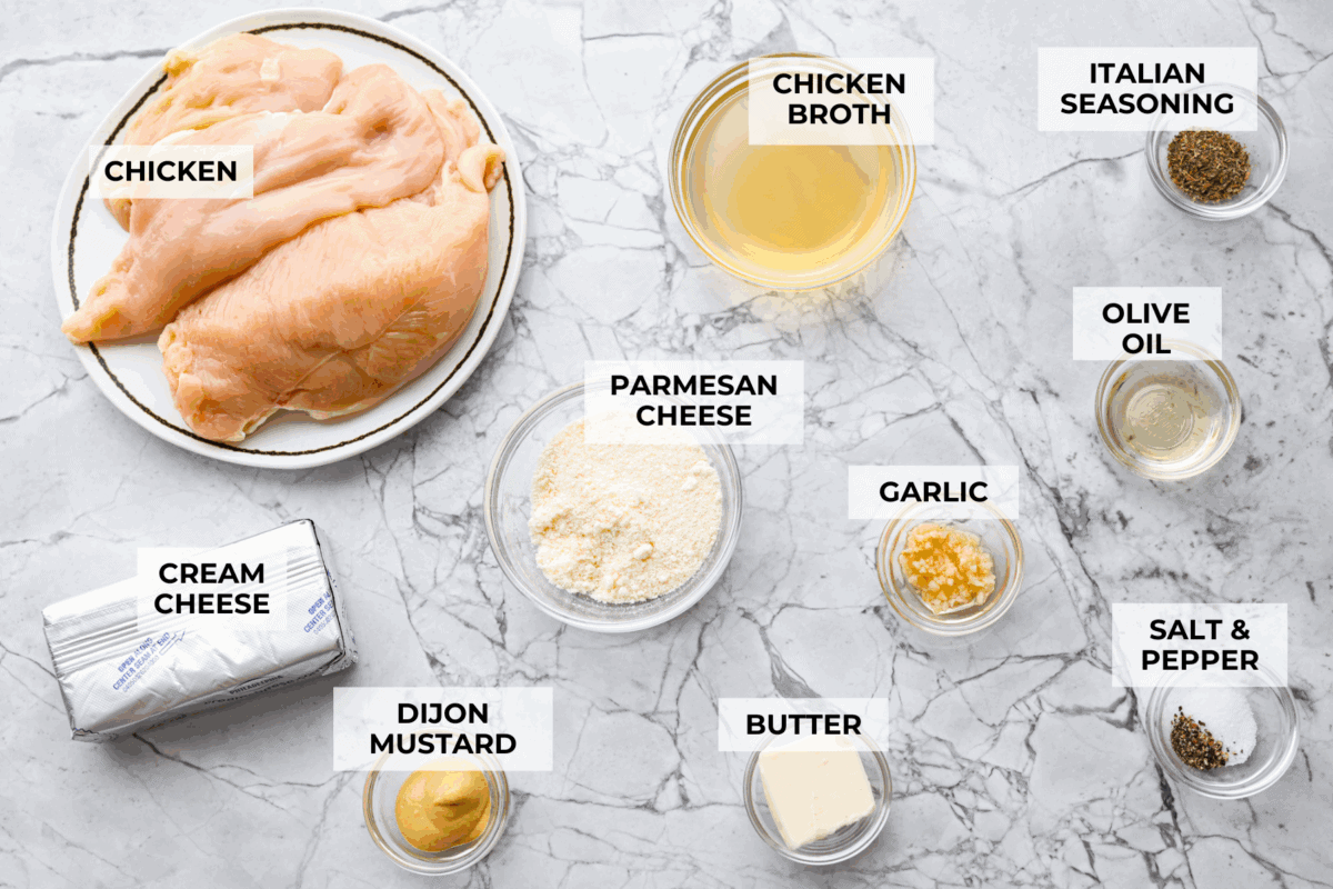 I'm excited for you guys to try this cream cheese chicken. It's an easy one-pan dinner with a rich, creamy sauce that delivers pure comfort food vibes. Itโs quick to make, easy to clean up, and perfect for cozying up on a busy night. Overhead shot of labeled ingredients.